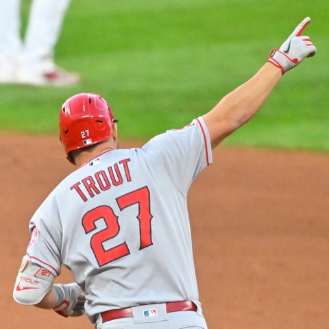 Mike Trout celebrates his two-run home run in the 