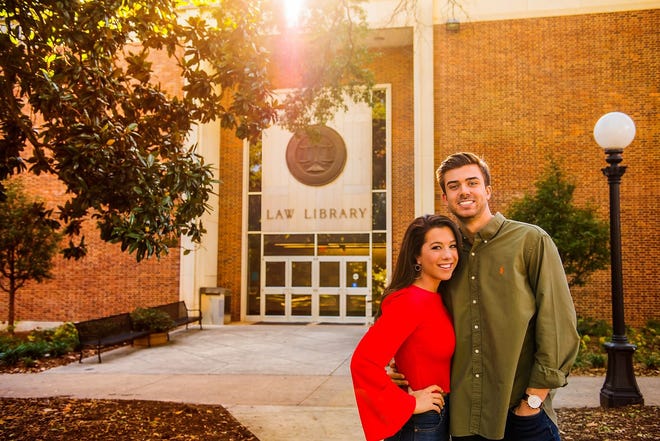 Former Georgia quarterback Greyson Lambert and wife Adeline in front of the UGA Law Library on Oct. 13, 2018 when they became engaged.