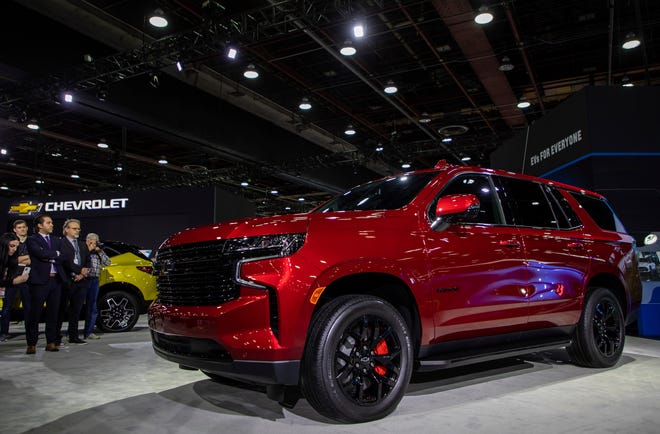 The 2023 Chevrolet Tahoe RST is displayed in front of dozens of media members during the 2022 North American International Auto Show inside the Huntington Place convention center in Detroit on Wednesday, Sept. 14, 2022. 