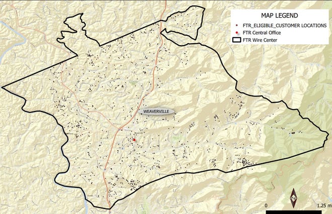 A map shows locations eligible for high-speed internet expansion near Weaverville in Buncombe County.
