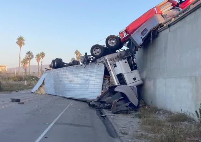A big rig hauling produce overturned along southbound Highway 101 in Ventura early Thursday, causing traffic delays in the area.
