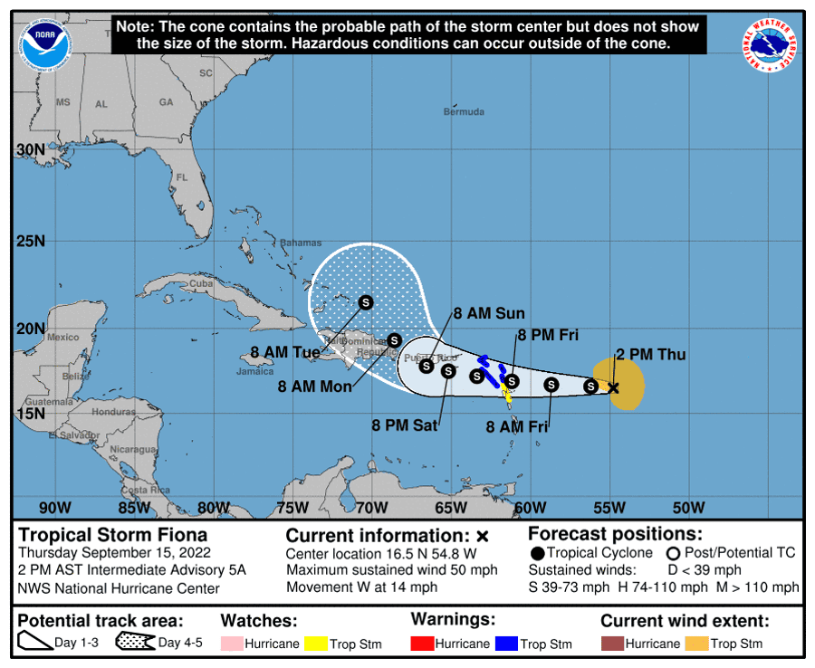 The forecast path of Tropical Storm Fiona.