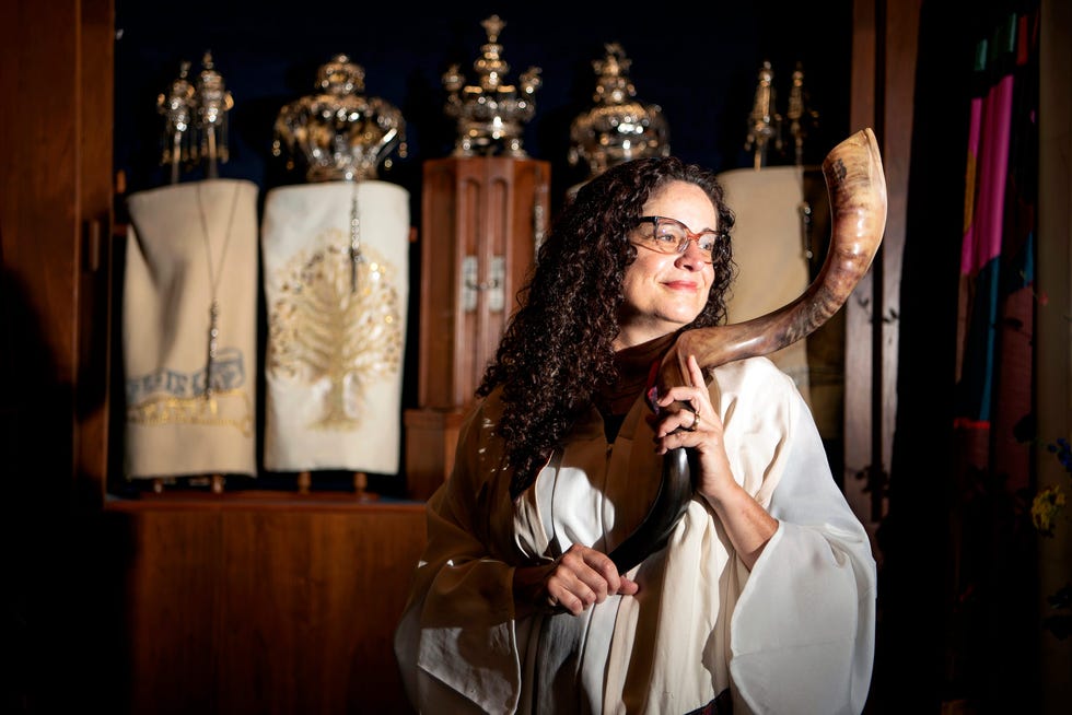 The shofar, held by Rabbi/Cantor Meeka Simerly of Temple Beth Tikvah in Wayne, New Jersey, is blown during the Jewish High Holy Days.