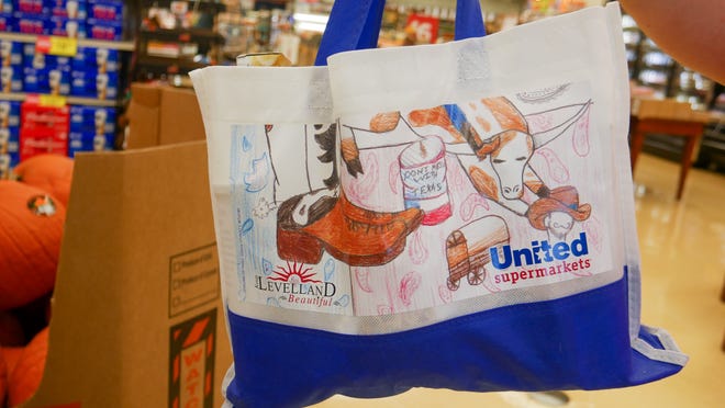 Bags designed by Sophia Koubek, Levelland Middle School student, are on sale at Levelland's United Supermarket.