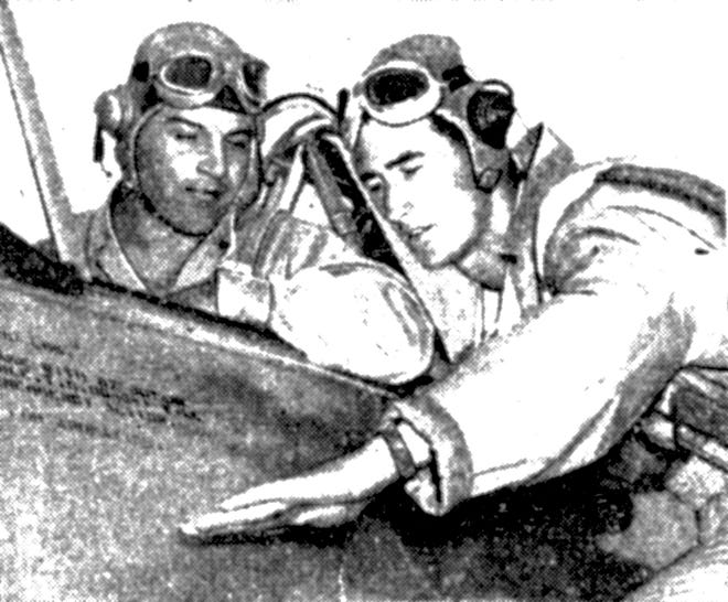 This is a scan from an Associated Press news photo in a family scrapbook. Friar Mazniki, in the cockpit, receives flight advice from Navy Lieutenant Ted Williams, Red Sox Hall of Fame, at Bronson Field, Florida, August 1944.