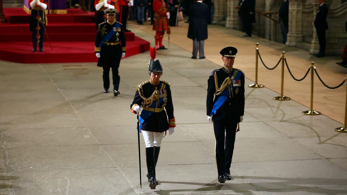 Princess Anne, front, Prince Andrew and Prince Edward leave after attending a vigil for Queen Elizabeth II as she lies in state in Westminster Hall in London, Sept. 16, 2022.