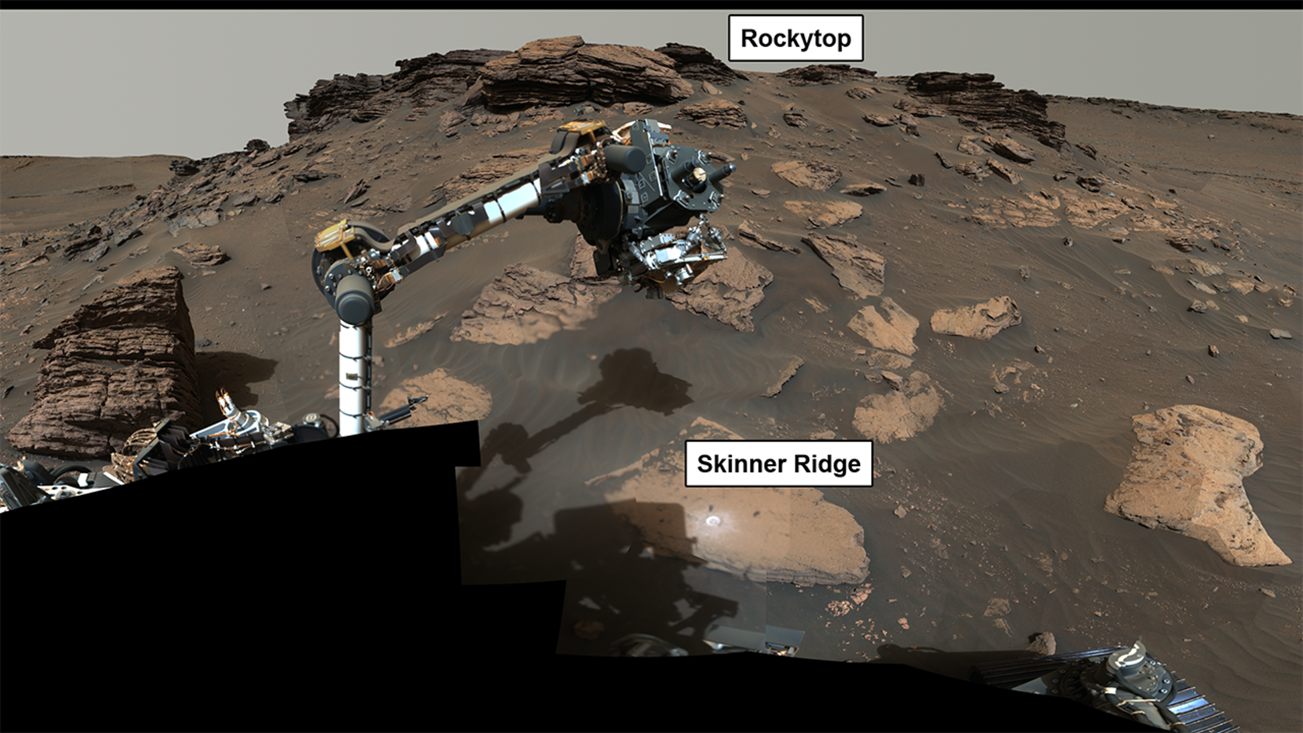 NASA’s Perseverance rover puts its robotic arm around a rocky outcrop called “Skinner Ridge” in Mars’ Jezero Crater. Thursday, Sept. 15, 2022