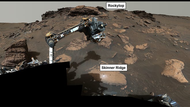 NASA’s Perseverance rover puts its robotic arm around a rocky outcrop called “Skinner Ridge” in Mars’ Jezero Crater.
Thursday, Sept. 15, 2022
