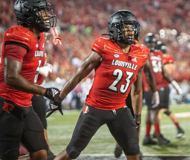 Trevion Cooley of the University of Louisville celebrates after scoring a touchdown to make the score Louisville 20, FSU 14. September 16, 2022