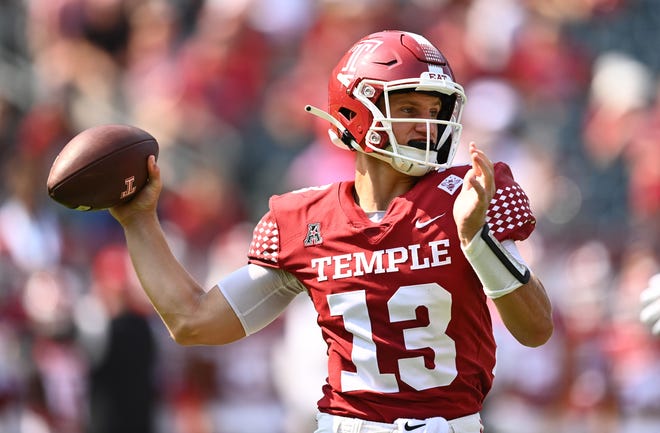 September 17, 2022;  Philadelphia, PA, USA;  Temple Owls quarterback EJ Warner (13) makes a pass in the first half against the Rutgers Scarlet Knights at Lincoln Financial Field.  Mandatory credit: Kyle Ross-USA TODAY Sports