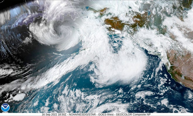 This image provided by the National Hurricane Center and the Central Pacific Hurricane Center/National Oceanic and Atmospheric Administration shows a satellite view over Alaska, Friday, Sept. 16, 2022.