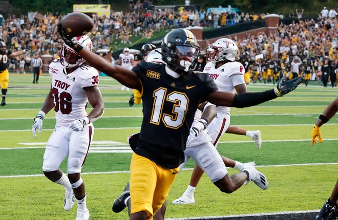 Appalachian State wide receiver Christian Horn celebrates his winning touchdown in one of the most improbable Hail Mary's of all time.