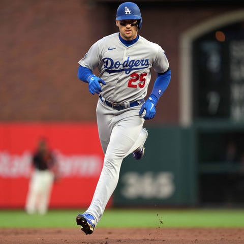 Dodgers outfielder Trayce Thompson rounds the base
