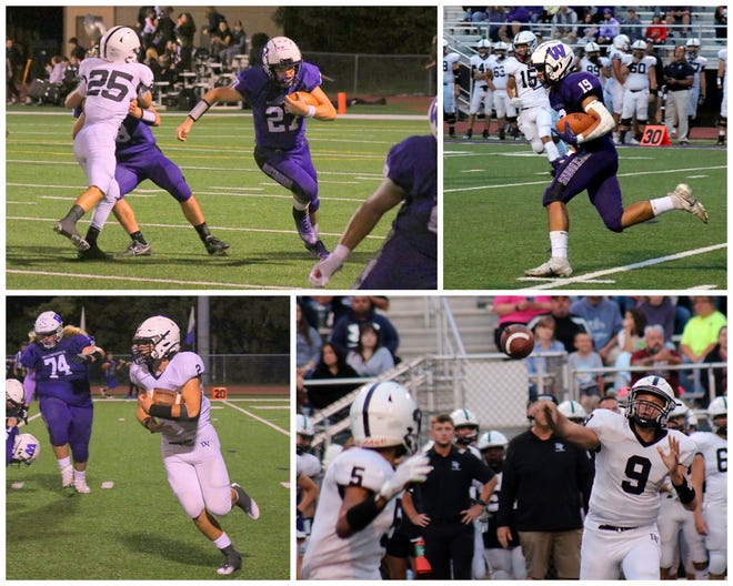 Clockwise from top left: Drew Kiesendahl makes a run for Wallenpaupack Area. The Buckhorns’ Michael Passenti on a big return. Delaware Valley’s Tyler Bird connecting with Jayden Ramirez, Paulie Weinrich came up big for the Warriors with three touchdowns in their 42-10 win over the Buckhorns.