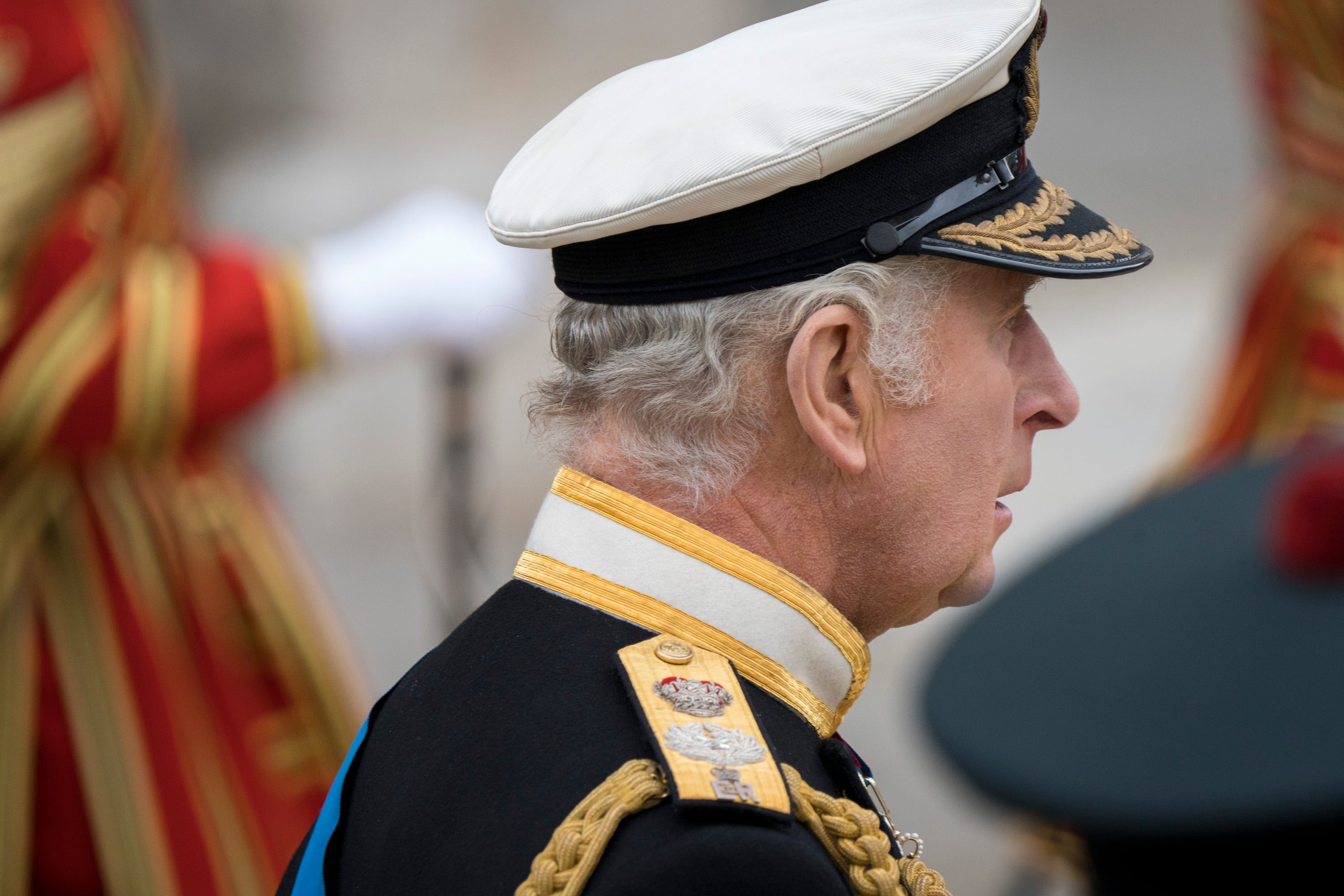 King Charles III follows the coffin of his mother, Queen Elizabeth II, to Westminster Abbey in London on Monday, Sept. 19, 2022.