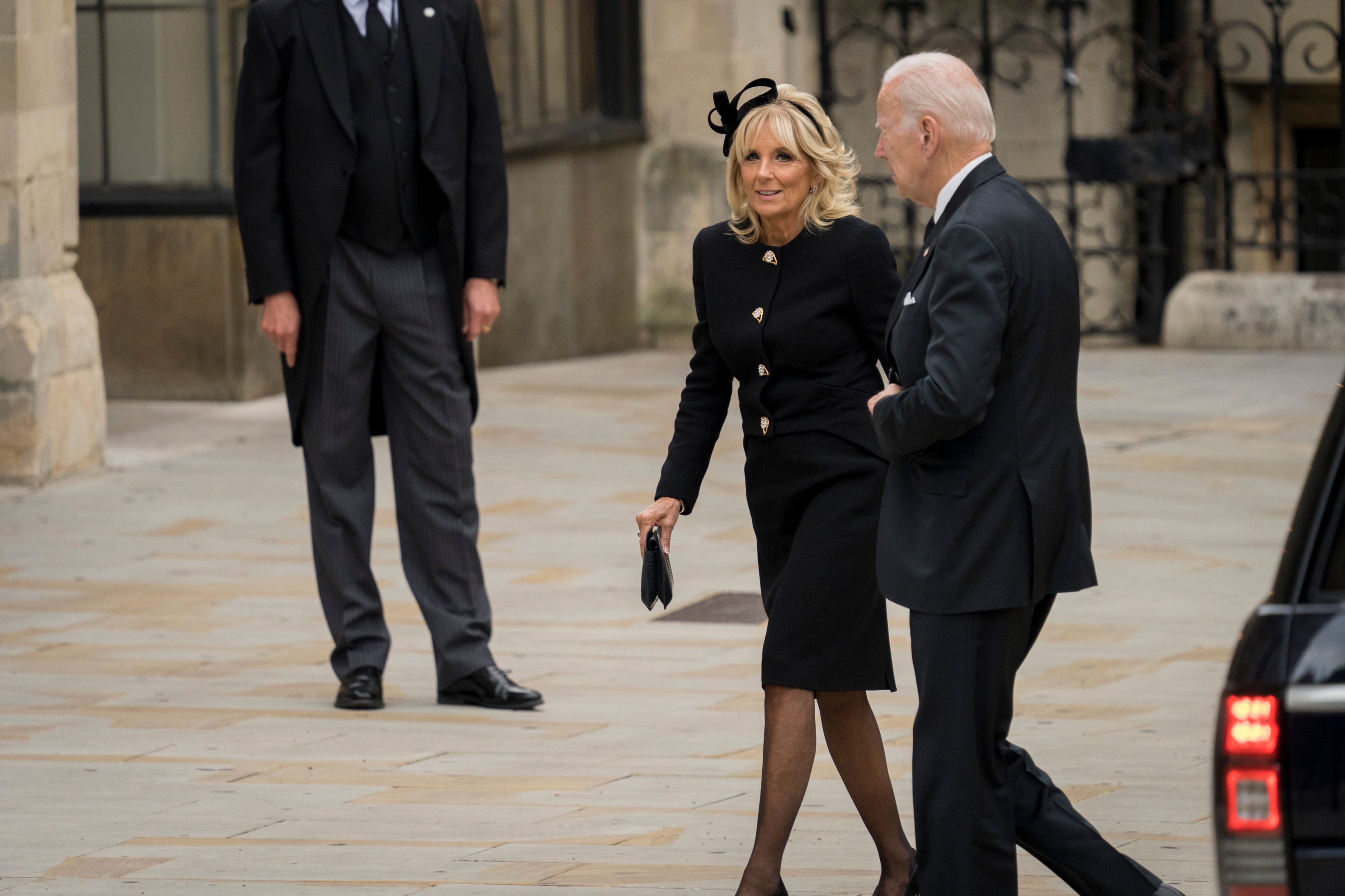 President Joe. Biden and First Lady Jill Biden arrive at the state funeral for Queen Elizabeth II at Westminster Abbey in London, England, on Monday, September 19, 2022.