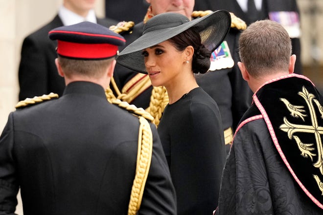 Meghan, Duchess of Sussex, arrives at Westminster Abbey for the funeral of Queen Elizabeth II on Sept. 19, 2022 in London.