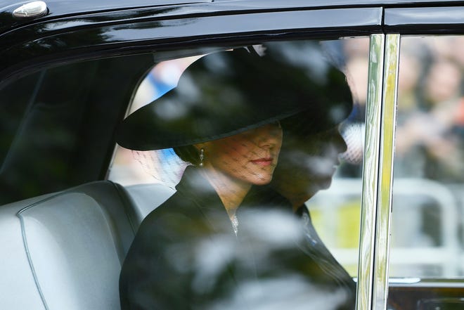 Catherine, Princess of Wales, is seen in a car on The Mall ahead of funeral for Queen Elizabeth II on Sept. 19, 2022, in London.