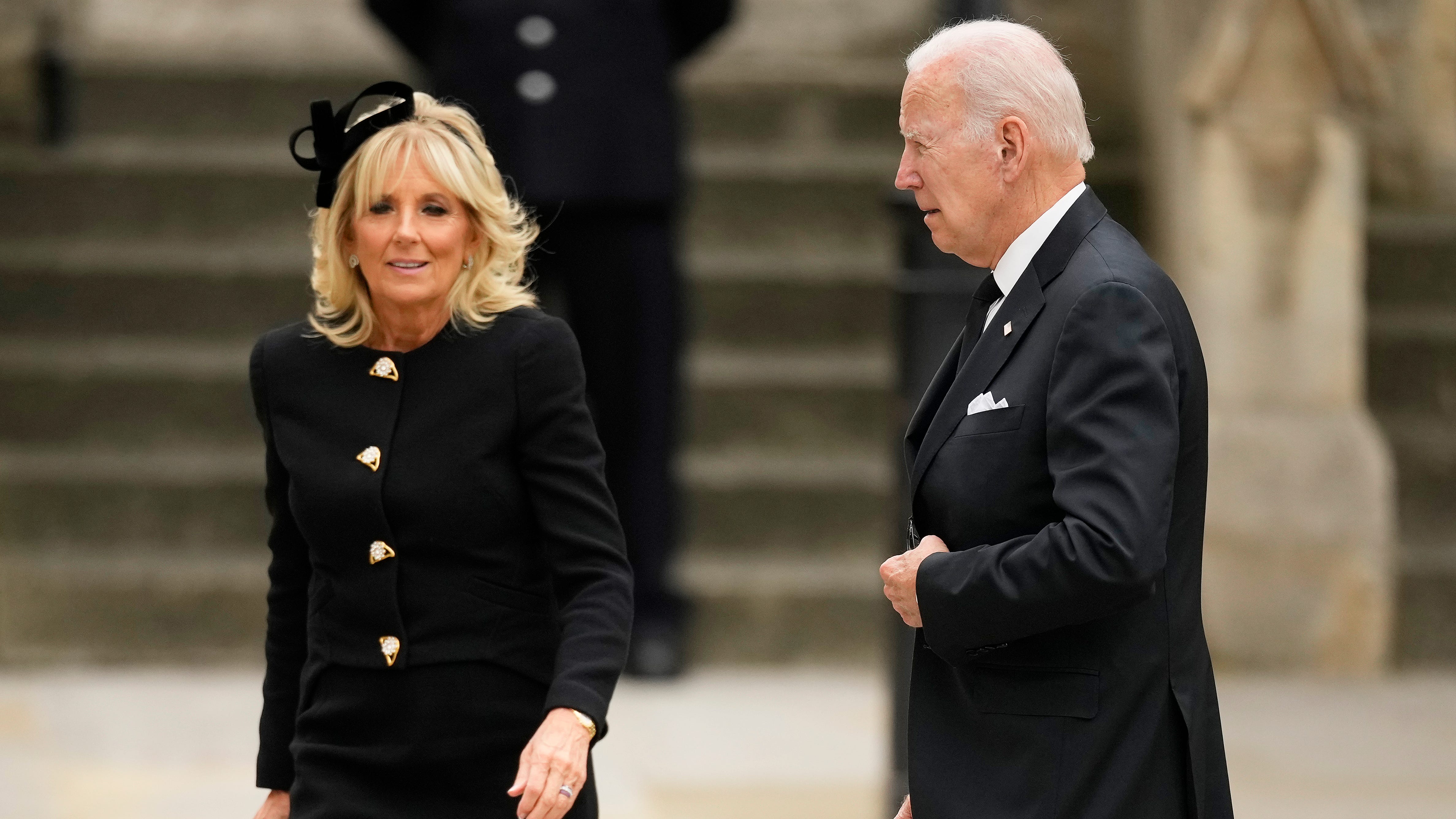 President Joe Biden and First Lady Jill Biden arrive ahead of the State Funeral of Queen Elizabeth II at Westminster Abbey on Sept. 19, 2022 in London.
