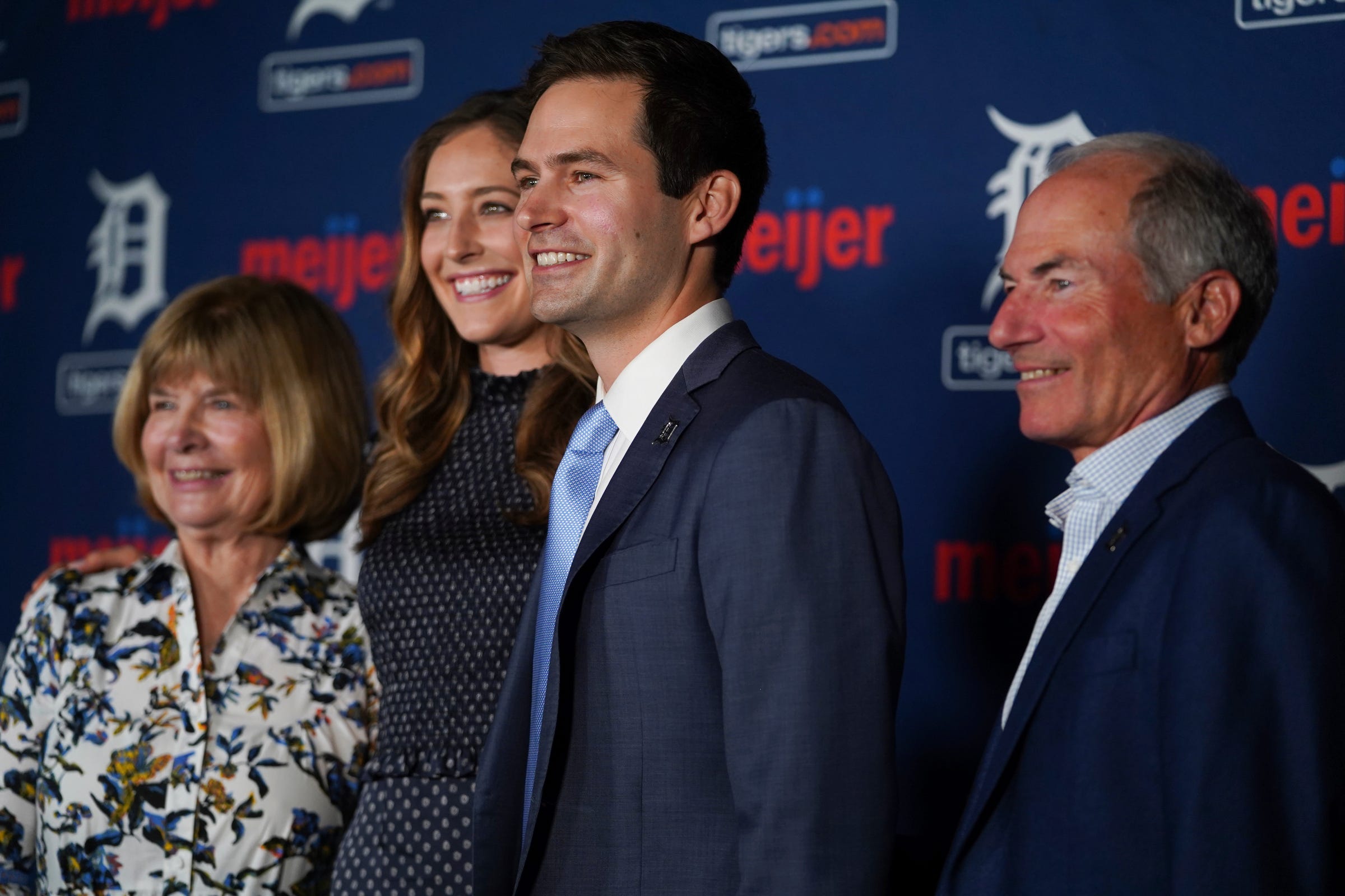 Tigers new president of baseball operations Scott Harris, center, poses for a photo with his family during his introductory news conference Tuesday, Sept. 20, 2022 at Comerica Park in downtown Detroit.