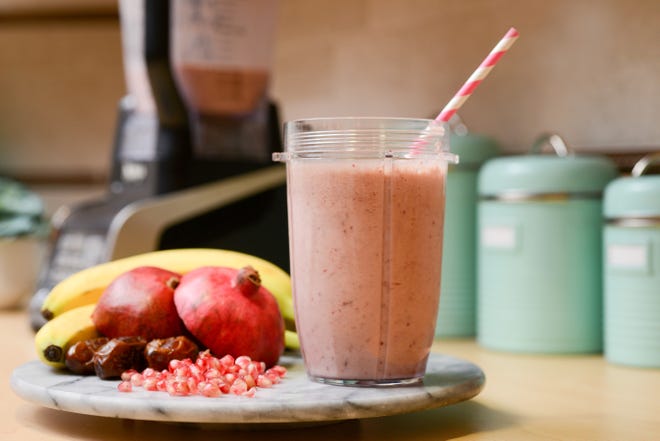Today's pomegranate smoothie has no fat and is high in protein.