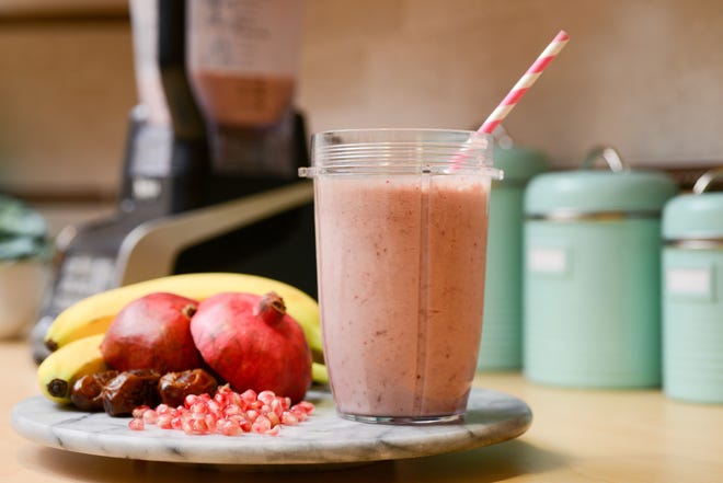 Today's pomegranate smoothie has no fat and is high in protein.