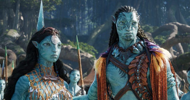 Gambar ini dirilis oleh 20th Century Studios menunjukkan Ronal, disuarakan oleh Kate Winslet, kiri, dan Tonowari, disuarakan oleh Cliff Curtis dalam sebuah adegan dari "Avatar: Jalan Air."