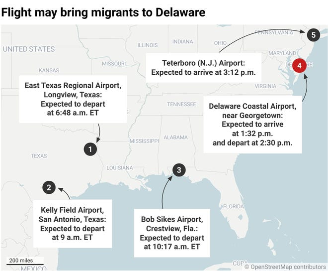 Ultimate Air Shuttle flight UE11 may carry migrants from Texas to Delaware with a stop in Florida on Tuesday, Sept. 20, 2022.