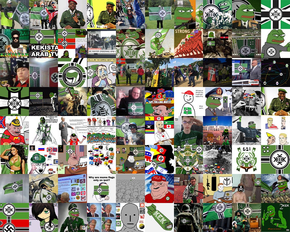 These images were extracted from 4chan message board posts using a computer vision model that learned to recognize Kekistani flags.