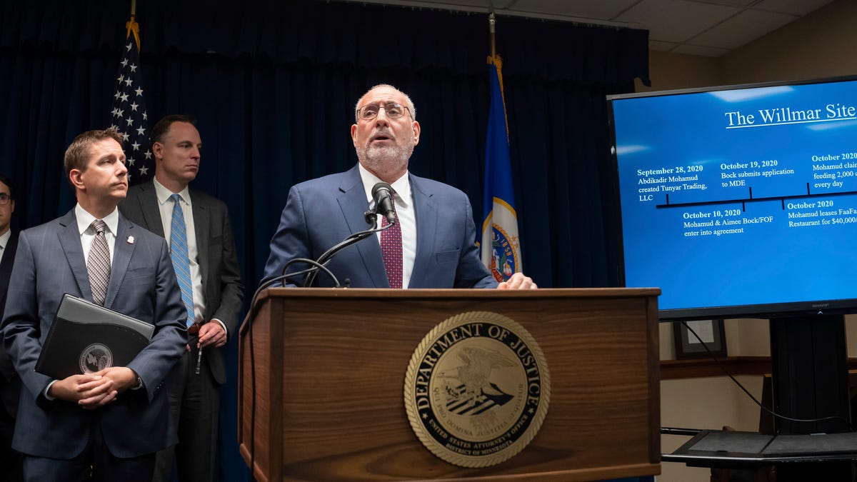 U.S. Attorney Andy Luger today announces a significant COVID-related fraud case based in Minnesota Tuesday, Sept. 20, 2022 Minneapolis, Minn. On the left are IRS Special Agent in Charge Justin Campbell and FBI Special Agent in Charge Michael Paul.