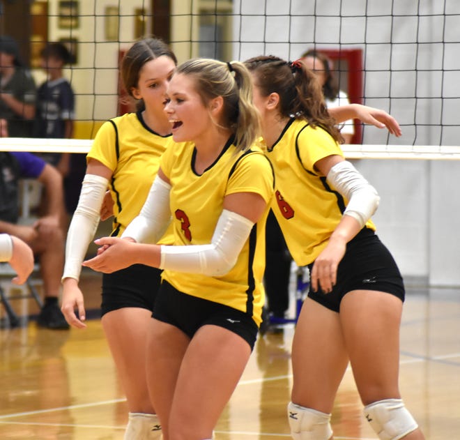 Reading volleyball celebrates a point scored against the Bronson Vikings on the road