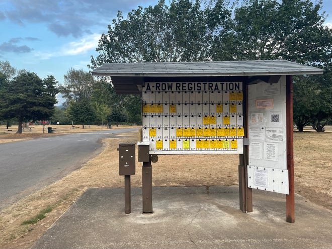 A kiosk displays reservation cards for campsites at Sunnyside County Park.