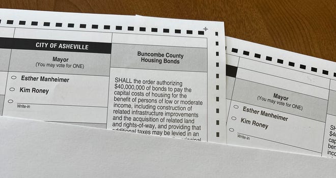 A misprinted absentee ballot (right) next to a correct ballot (left).