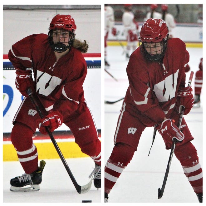 Caroline Harvey (left) and Jesse Compher joined the University of Wisconsin women's hockey team after helping Team USA win a silver medal at the Olympics in February.