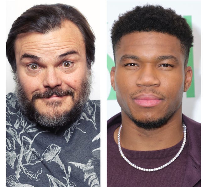 Comedian Jack Black (left) improvised a song in honor of Milwaukee Bucks superstar Giannis Antetokounmpo (right) while performing at the BMO Harris Pavilion in Milwaukee on Sept. 18 with his band Tenacious D.