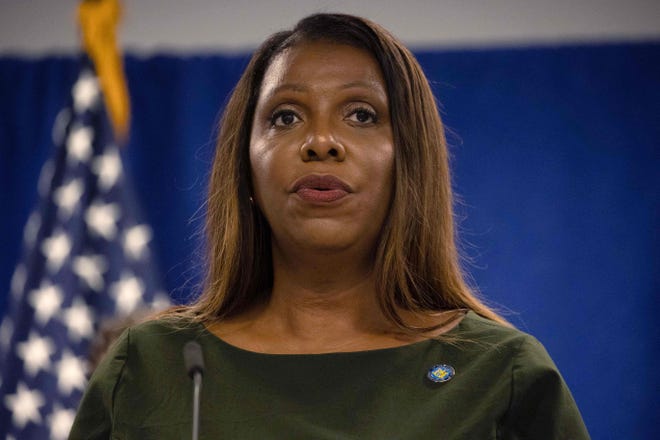 New York Attorney General Letitia James speaks during a press conference in September 2022.