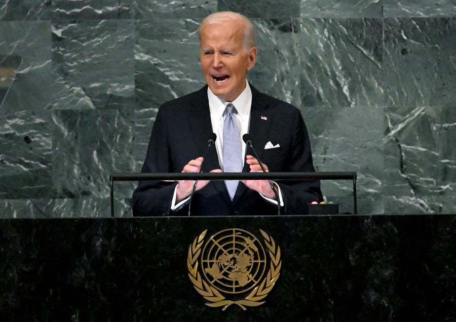 US President Joe Biden addresses the 77th session of the United Nations General Assembly at the UN headquarters in New York City on September 21, 2022. (Photo by TIMOTHY A. CLARY / AFP)
