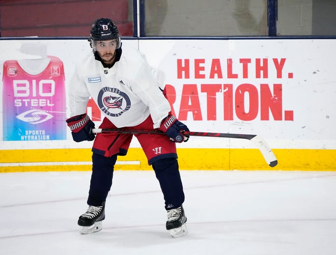 Sep 22, 2022; Columbus, OH, USA; Columbus Blue Jackets left wing Johnny Gaudreau (13) during the opening of Columbus Blue Jackets training camp at the Ice Haus.  