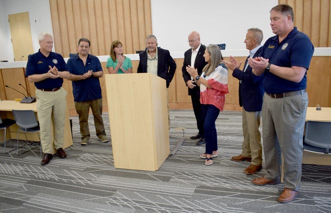 Local officials and members of the Northwest Florida Water Management District celebrated the completion of the Panama City Beach Parkway Reuse Transmission System during a press conference on Thursday at City Hall.