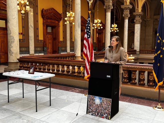 Chris Campbell speaks at the Indiana State Capitol in honor of Nation Recovery Month. Sept. 22, 2022