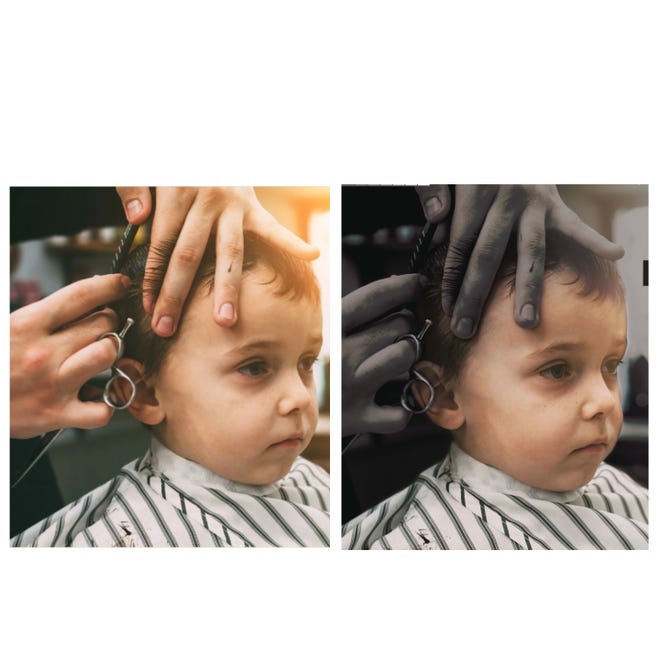At left, a stock photo shows a light-skinned child getting a haircut from a barber with a similar skin tone; at right, as presented in a flyer from the Republican Party of New Mexico, the image has a grayer tint and the hands have been darkened.