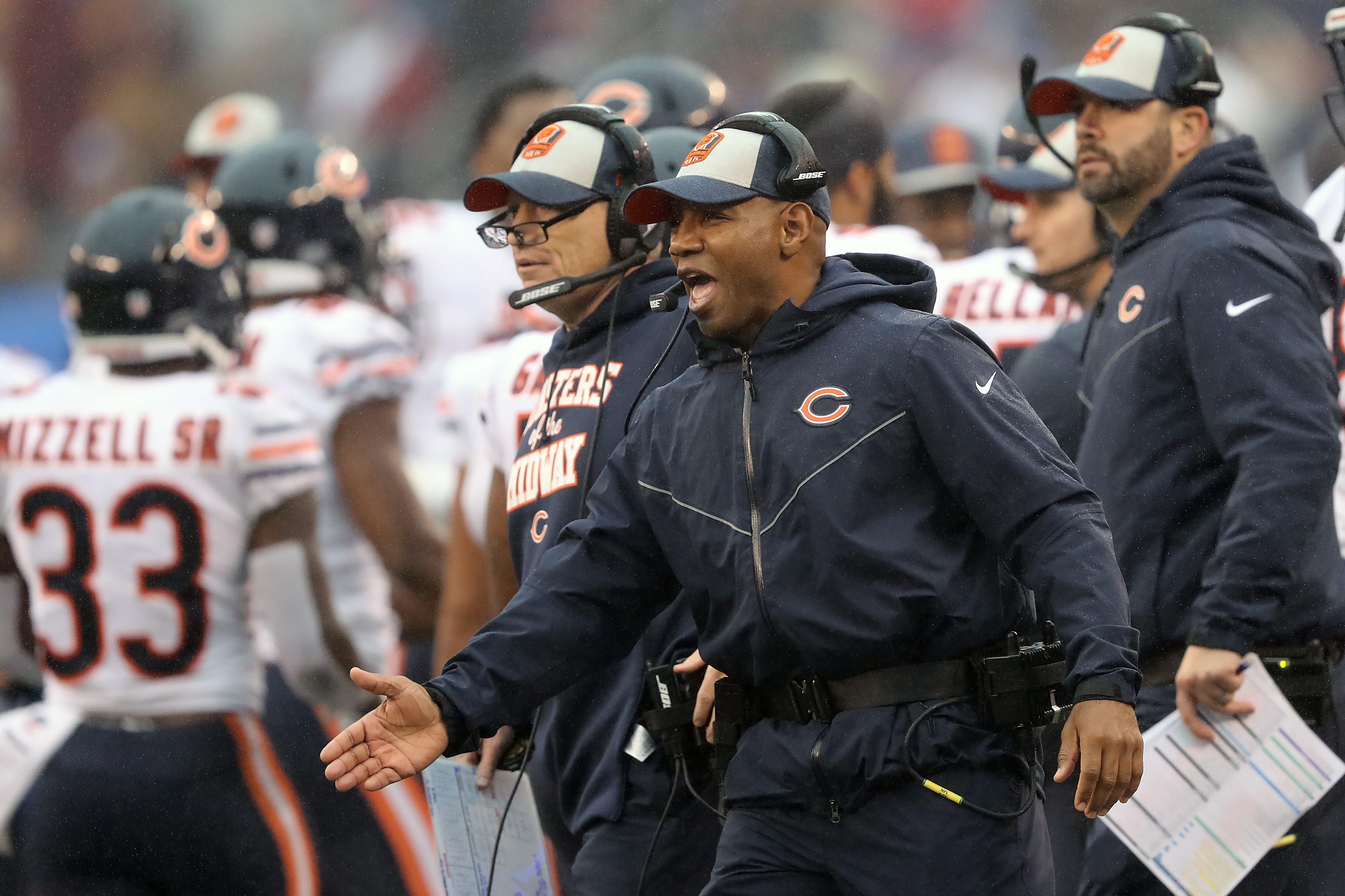 Chicago Bears running backs coach Charles London reacts against the New York Giants during the second quarter at MetLife Stadium on December 02, 2018 in East Rutherford, New Jersey.
