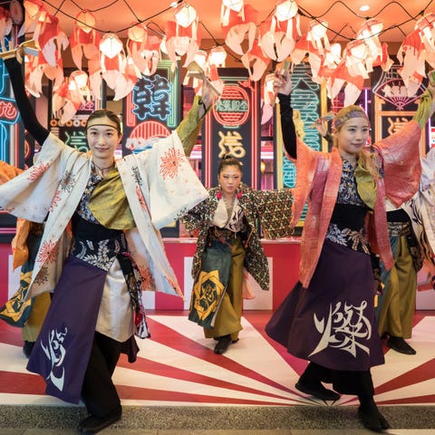 Dancers perform during a preview of the Asakusa Yo