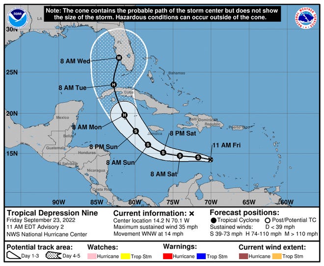 Tropical Depression 9 is likely to strengthen into a hurricane before its projected impact on southwest Florida, according to the National Hurricane Center.  “The depression is moving toward the west-northwest near 14 mph,” the center’s 11 a.m. advisory said on Friday. “A westward motion is expected to begin later today and continue through Saturday, followed by a turn toward the west-northwest and northwest on Sunday and Monday.”