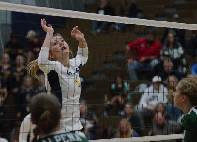 Gaylord's Meghan Keen reacts to the ball in the air during a Big North volleyball matchup between Gaylord and Alpena on Thursday, September 22.
