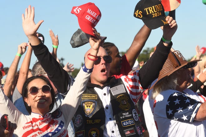 Thousands of spectators before former President Donald J. Trump greets the crowd in Wilmington, N.C. Friday Sept. 23, 2022 to campaign for U.S. Senate candidate Ted Budd.
