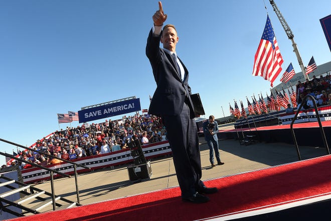 U.S. Senate candidate Ted Budd speaks to thousands of spectators before former President Donald J. Trump greets the crowd in Wilmington, N.C. Friday Sept. 23, 2022 to help Budd campaign for Senate.