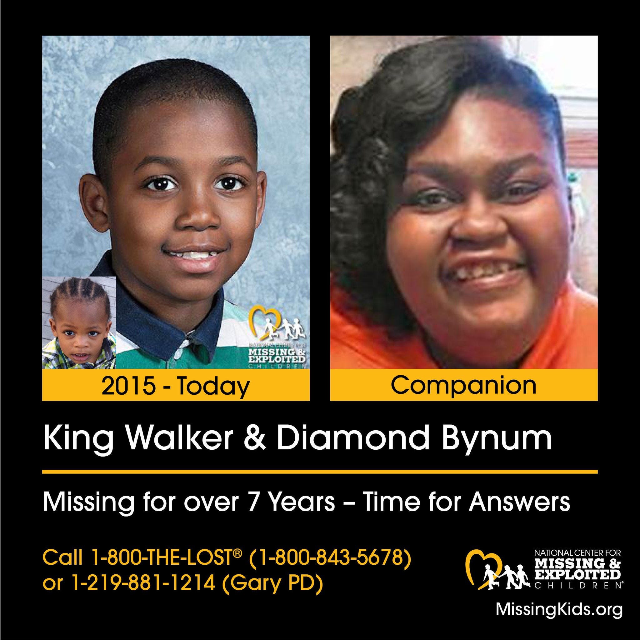 King Walker and Dimond Bynum disappeared in 2015. Today, King would be 9 years old and Diamond 28.