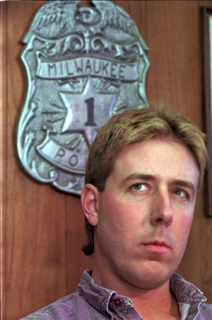 Former Milwaukee police officer Joseph T. Gabrish is shown during a news conference in Milwaukee on Wednesday, April 27, 1994, following a judge's ruling that the dismissals of Gabrish and another officer were too harsh.