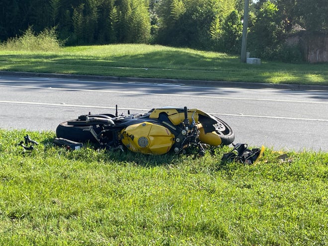 The yellow sport bike that was involved in a two-vehicle crash on Saturday afternoon that killed the rider.